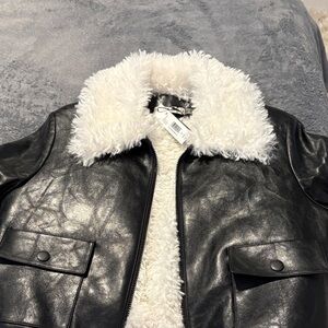 Alice + Olivia Black Leather Jacket with White Faux Fur Collar